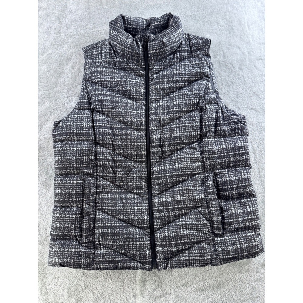 Lands End Womens Large Quilted Puffer Vest Black Gray Minimalist Classic Fit Zip